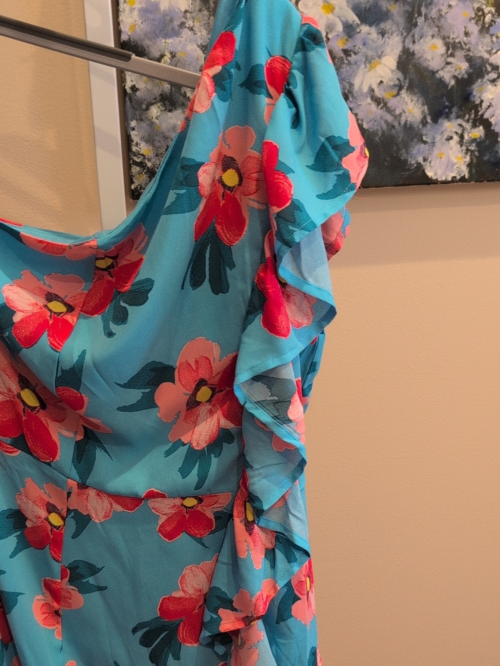 Turquoise One-Shoulder Floral Ruffle Dress - Picture 2 of 6